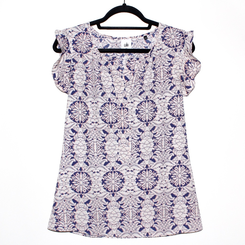 Cabi Flutter Sleeve Damask Print Blouse